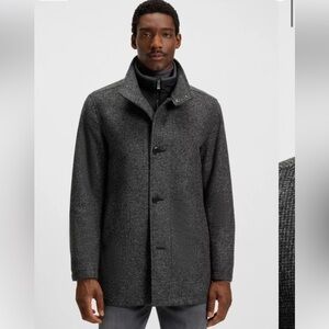 HUGO BOSS Coxtan Virgin Tweed Wool Blend Coat With Bib Charcoal Sz 46R Car Coat